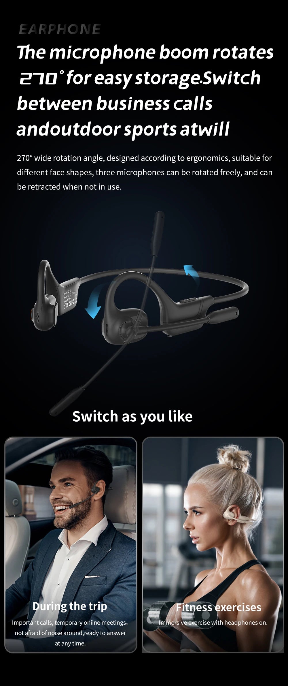 Comfortable Wearing Open-Air Conduction Bluetooth Headset Noise Reduction Mic HD Call for Driving Phone Office Use