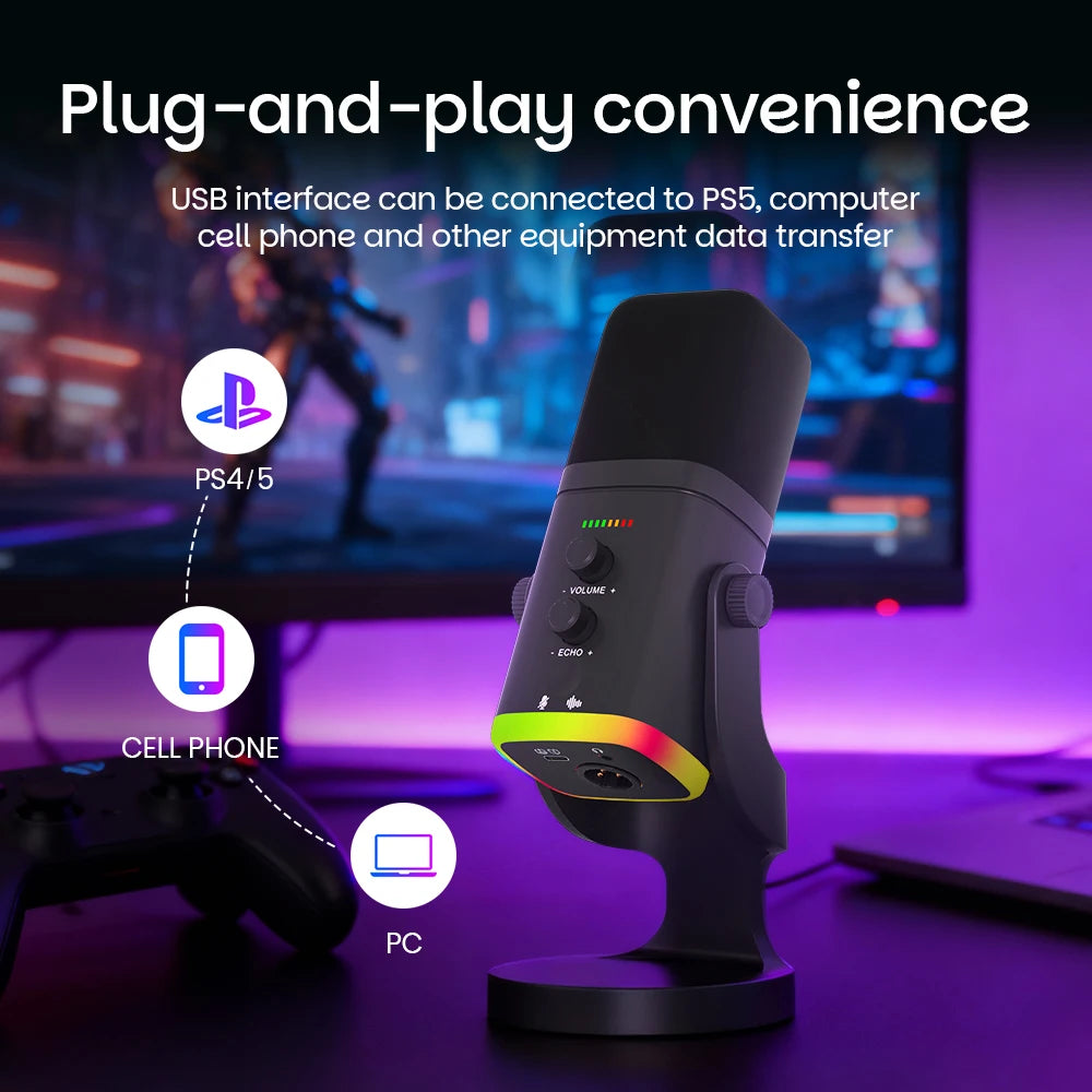 EASEMELO Dynamic RGB Breathing Light Microphone with Noise Cancelling USB Type-C Wired HIFI Sound Card for Gaming Streaming