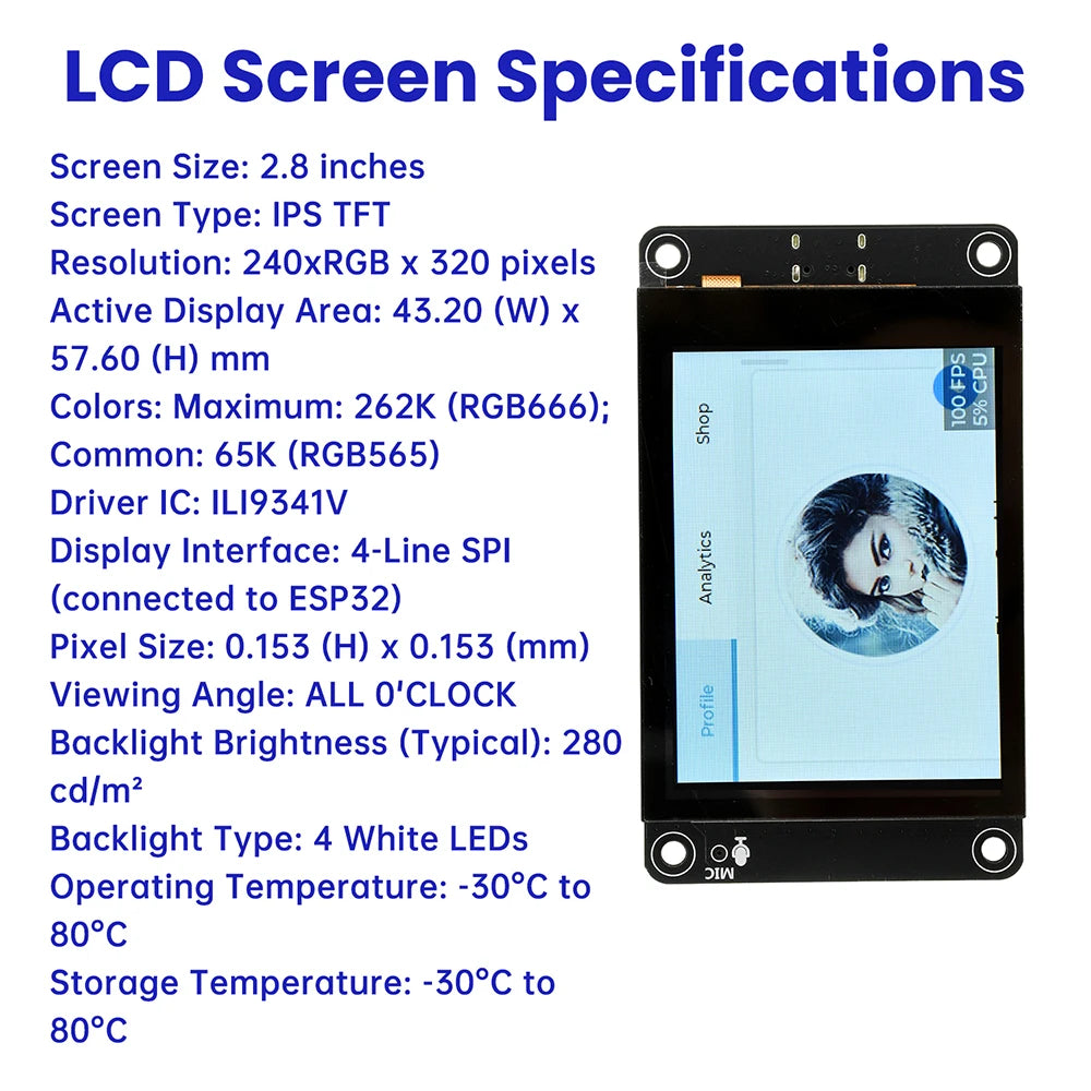 ESP32-S3 ESP32 S3 2.8-inch TFT Module Touch Screen Development Board With WiFi Bluetooth Smart AI Display 240x320 IPS Screen