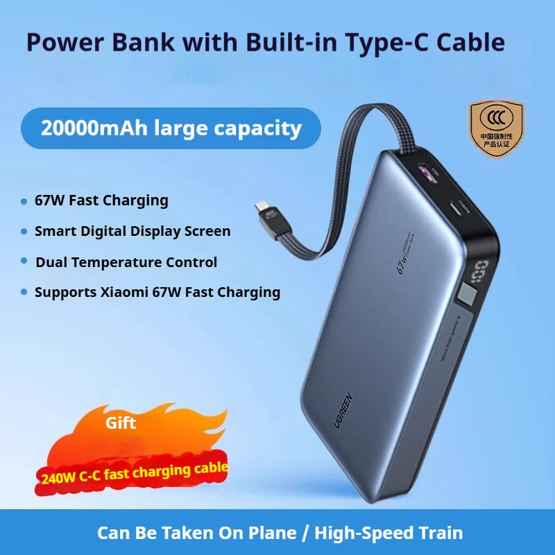 UGREEN 20000mAh Power Bank With Built in Cables 145W Fast Charge Mobile Power Bank iPhone17 Laptop Notebook Customized Charger
