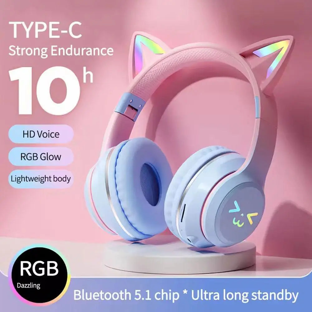 Wireless Headphones Cat Ear Gaming Headset Glow Light Bluetooth-Compatible Helmets Cute Over-Ear Headsets For Kids And Adult