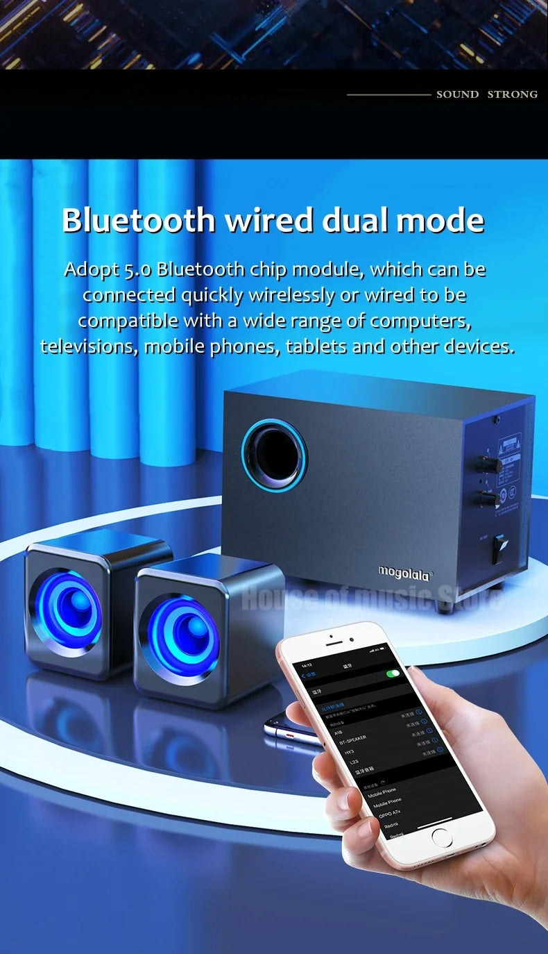 USB Wired Bluetooth Computer Speaker Home 2.1 Channel Wooden Desktop Subwoofer Active Audio 3D Surround Sound Bass Game Speakers