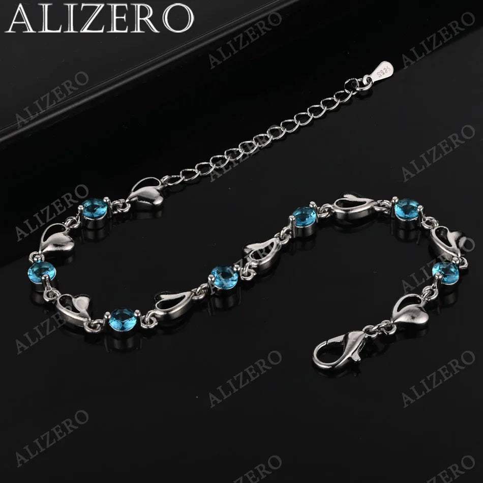 ALIZERO 925 Sterling Silver 18K Gold Blue Zircon Sapphire Heart Bracelets For Women Wedding Party Gift Fashion Jewelry