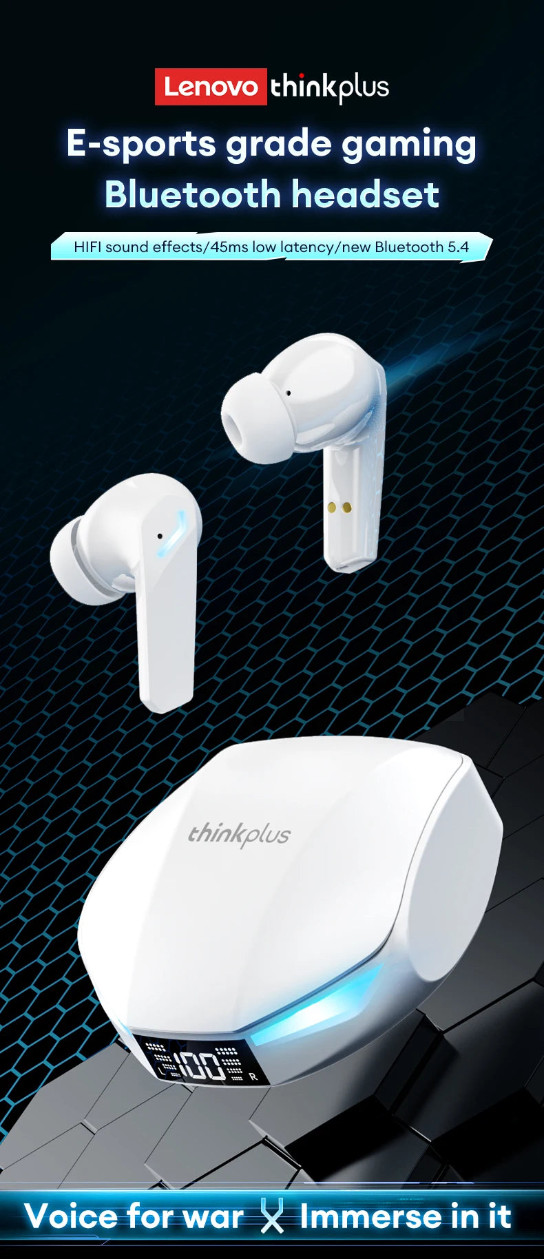 Choice Lenovo GM2 Pro Gaming Headset LED Digital Display Wireless Sport Earbuds HD Call Low Latency Headphones Waterproof