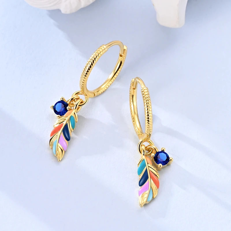 925 Sterling Silver Earrings Bohemian Colorful Feather Hoops Earrings With Zircon for Women Wedding Party Fashion Jewelry Gifts
