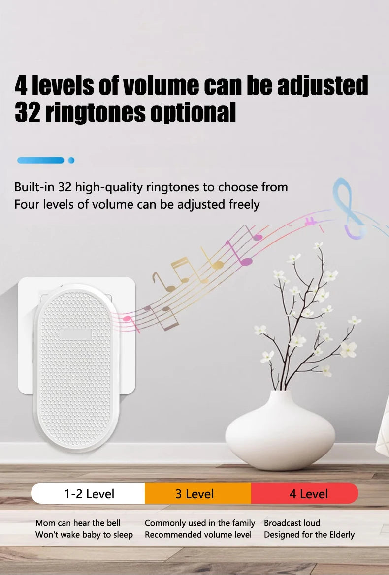 Smart Wireless Doorbell 433MHz 4 Volume Levels & Melody Chime Emergency Alarm for Elderly EU or US Plug Optional (White/Black)