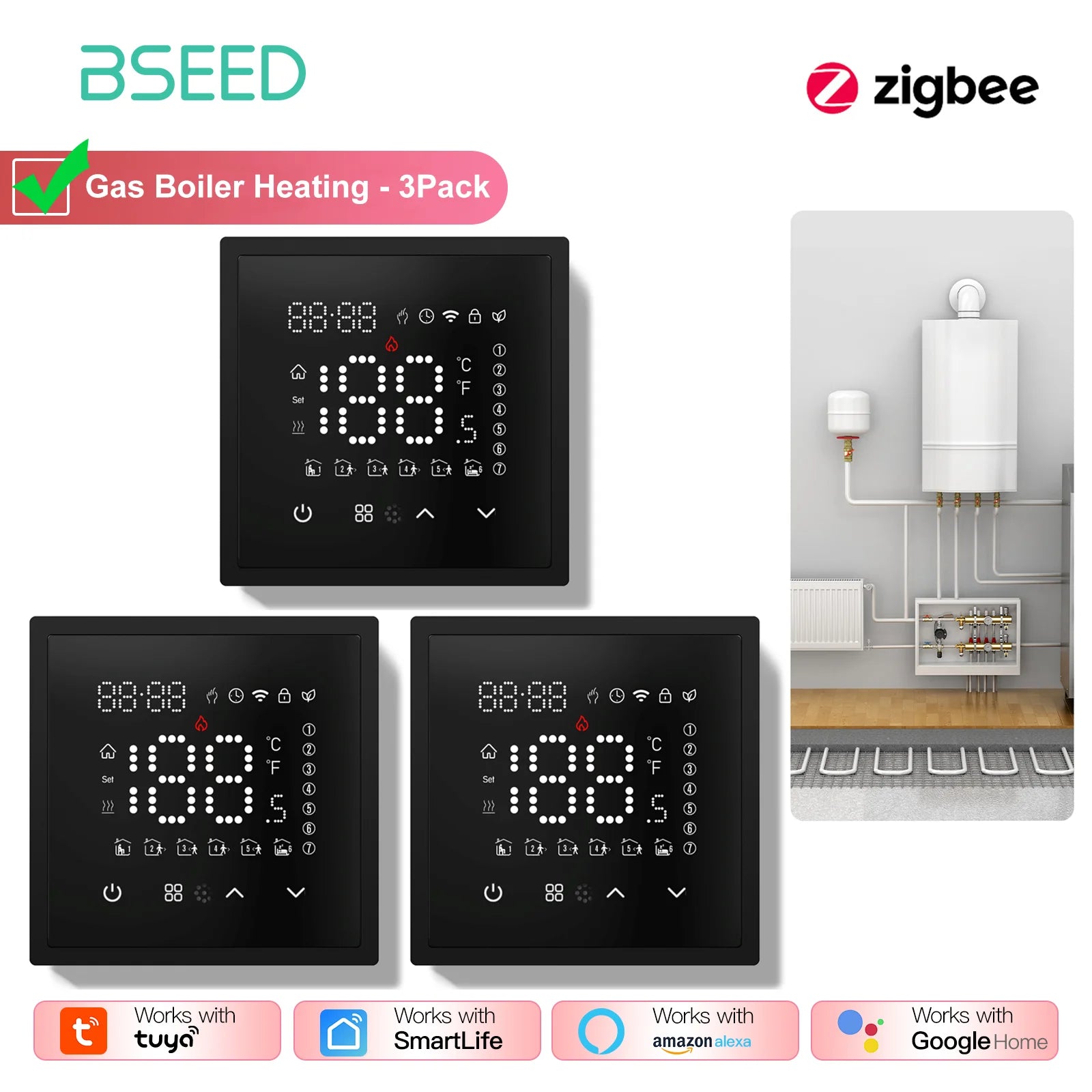 BSEED Zigbee Electric /Water/Gas Boiler Floor Heating Touch Sensor Smart Thermostats Tuya Smart Life Alexa Control Plastic Frame