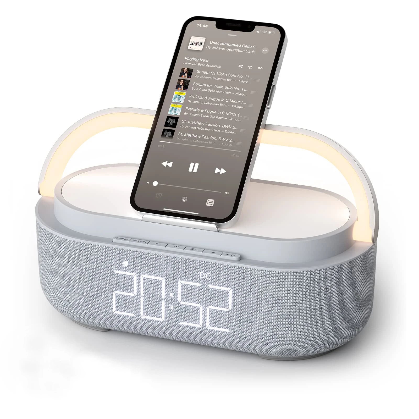 2500mAh Bluetooth Speaker with Wireless Charger, FM Radio & Dimmable Light - Portable Dual Speaker for Bedroom, Office & Gifts