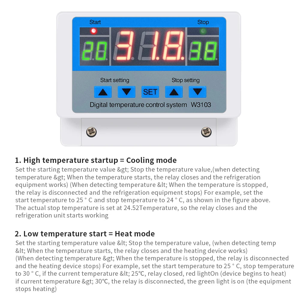 Digital Temperature Controller 220V Max 5000W Digital Thermostat 30A -19 to 99℃ Temperature Controller Switch LCD XH-W3103