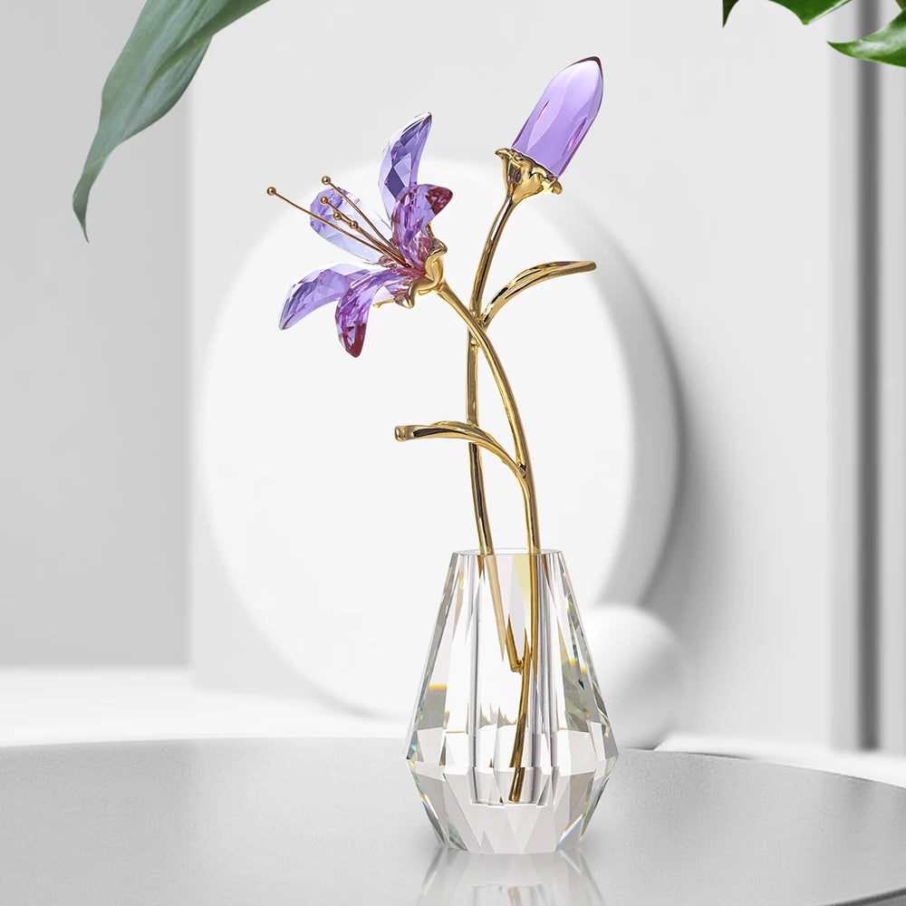 Purple Crystal Calla Lily Flower Figurines Collectible With Crystal Vase Glass Bouquet Ornament Wedding Party Decor Gift