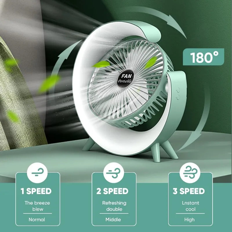 5 Inch Portable Desk Fan with LED Light 3 Speed Silent Fan USB Rechargeable Battery Powered for Home Office Outdoor Camping