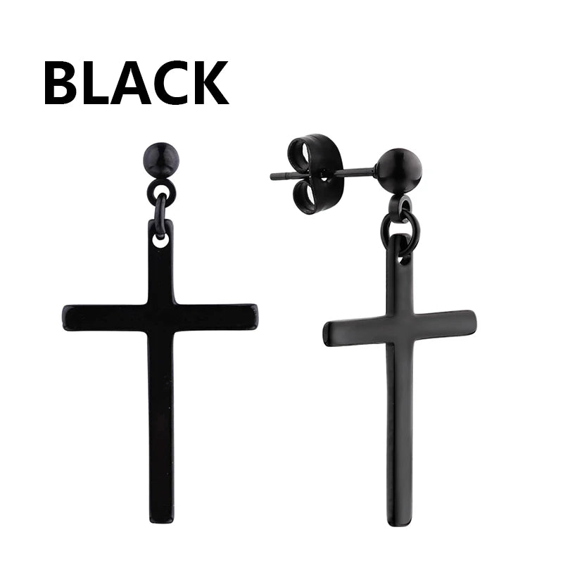 1/16 pairs Black Punk Stainless Steel Women Men Hoop Earrings Small Trendy Round Cross Pendants Jewelry Accessories Earrings