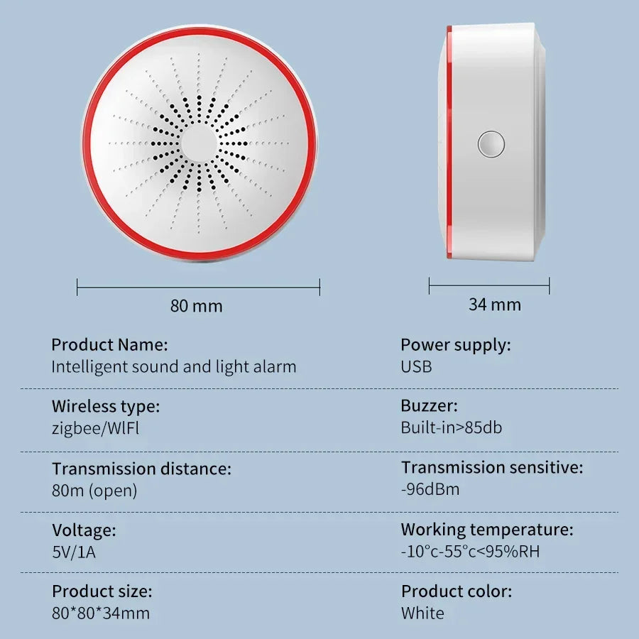 Tuya WiFi Zigbee Smart Siren Alarm 100db Speaker Sound & Light Alert Detector App Control Works With Alexa For Home Security