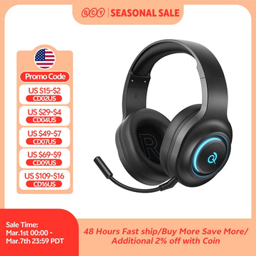 QCY Heroad V200 Gaming Over Ear Headphone Wireless Bluetooth 6.0 with Mic 50mm Driver 7.1 Surround Sound Dynamic EQ RGB Headset