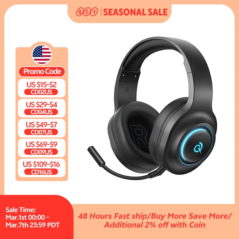 QCY Heroad V200 Gaming Over Ear Headphone Wireless Bluetooth 6.0 with Mic 50mm Driver 7.1 Surround Sound Dynamic EQ RGB Headset