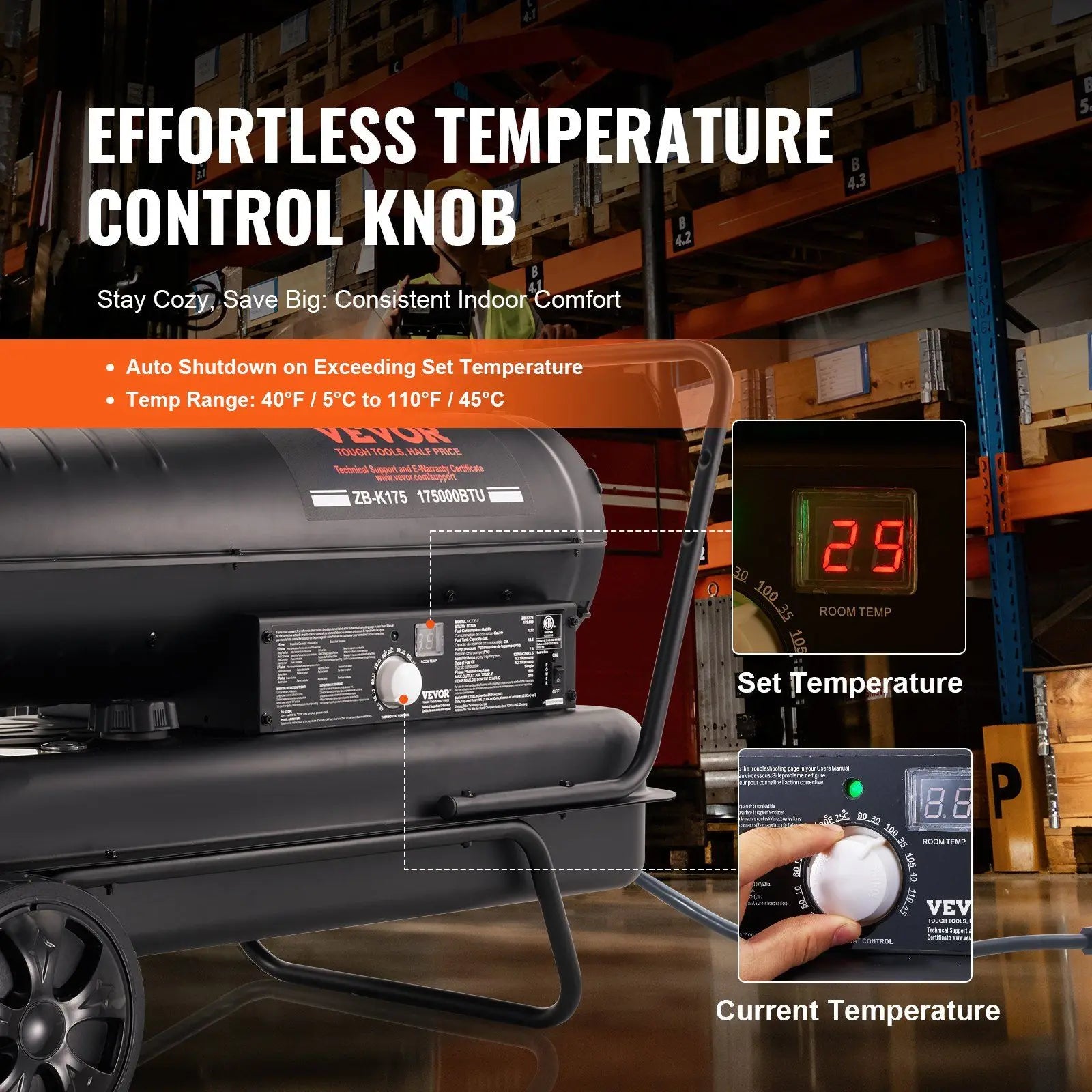 Kerosene Forced Air Heater, 175000 BTU Portable Air Space Heater with Thermostat, 13.2 Gallon Tank Energy-Efficient heavy-duty H