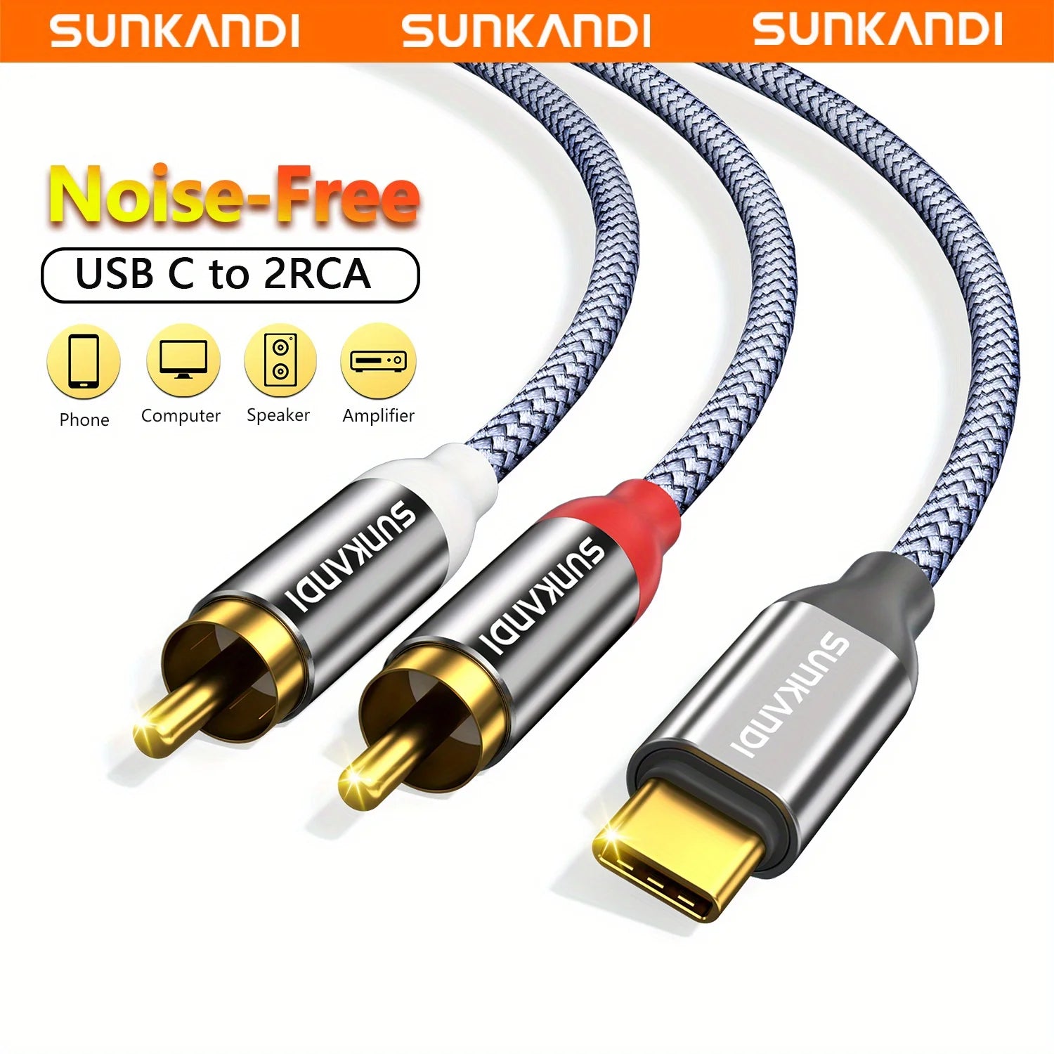 SUNKANDI RCA Cable, USB C to 2 RCA Audio cable for mobile phones, tablets, home theater, speakers
