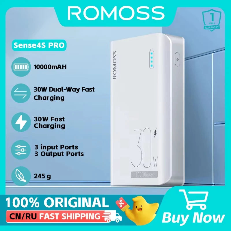ROMOSS Sense 4S Pro Power Bank 10000 mAh 30W Fast Charging Powerbank PD2.0 QC3.0 Portable Battery Charger For xiaomi 14 iphone