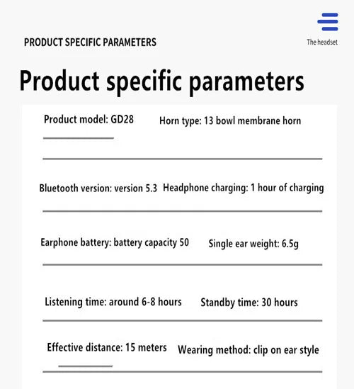 Headset With Microphone Bluetooth 5.3 Ear Clip Headphone TWS Wireless Earphone Single In-Ear HD HiFi Stereo Touch Control Sports
