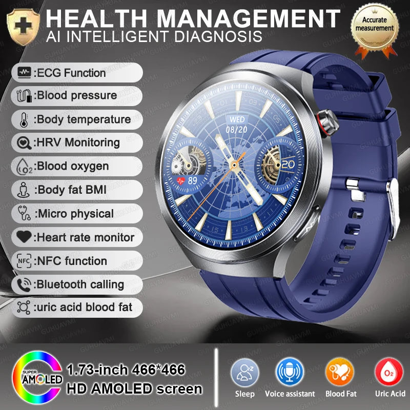 2026 New Sapphire Glass Health Trackr Uric Acid Blood Fat Smart Watch Blood Pressure ECG+PPG Clock Body Analysis Smartwatchs Men