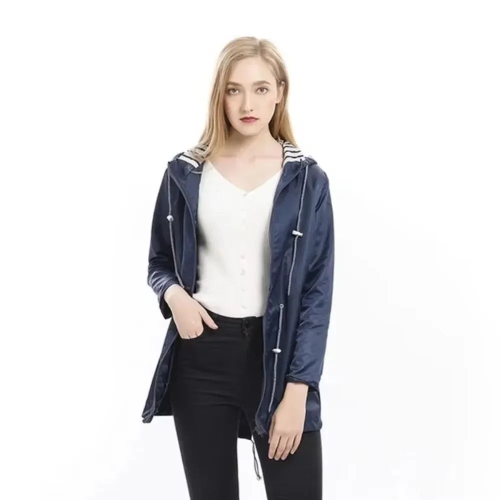 Waterproof Raincoat Casual Basic Outdoors Trench Lightweight Drawstring Jackets Hiking Clothes for Women Womens