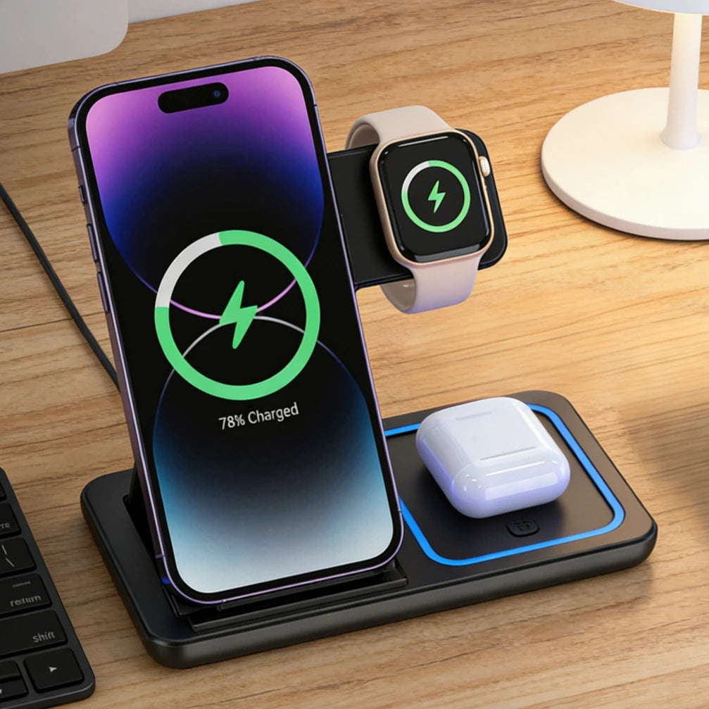 Foldable 3 in 1 30W Wireless Charging Station for iPhone 17 16 15 14 13 12 Pro Max iWatch 11 Airpods Pro Fast Charger Stand Dock