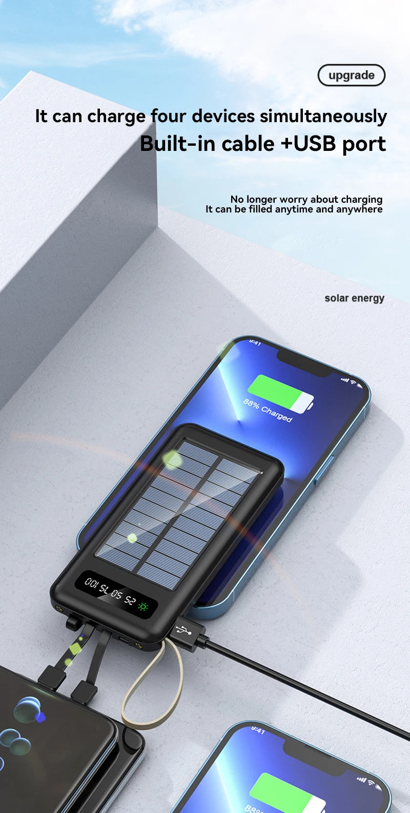 Solar Power Bank 50000mAh Large Capacity Mobile Power Fast Charging Battery Dual Usb 4 Cables LED Digital Display For IPhone