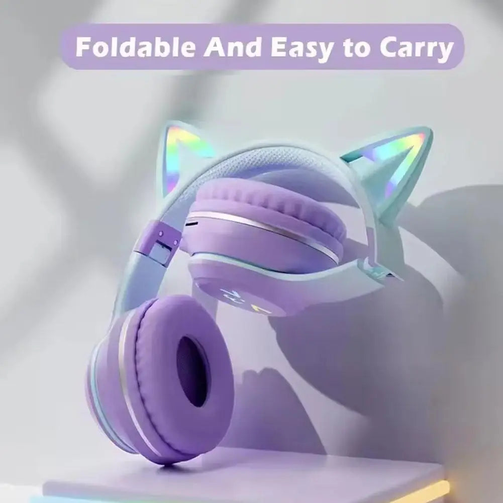 Wireless Headphones Cat Ear Gaming Headset Glow Light Bluetooth-Compatible Helmets Cute Over-Ear Headsets For Kids And Adult