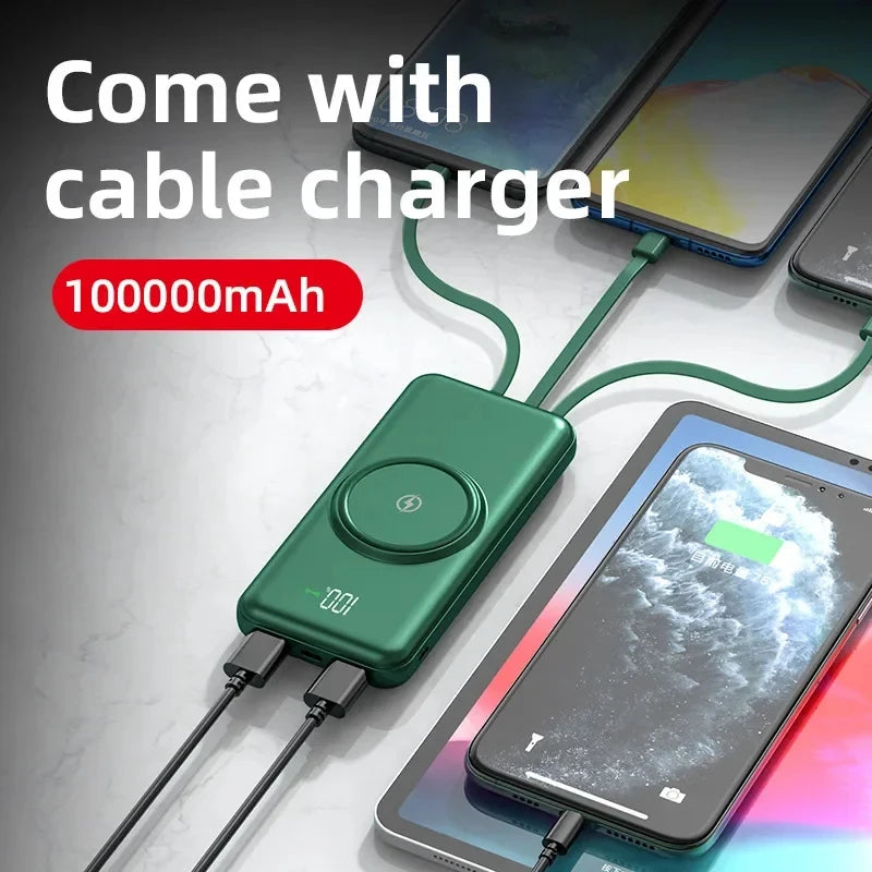 40000mah Wireless Power Bank Large Capacity Portable 5In1 Charge Powerbank Built-in Cables Dual USB External Battery For Xiaomi