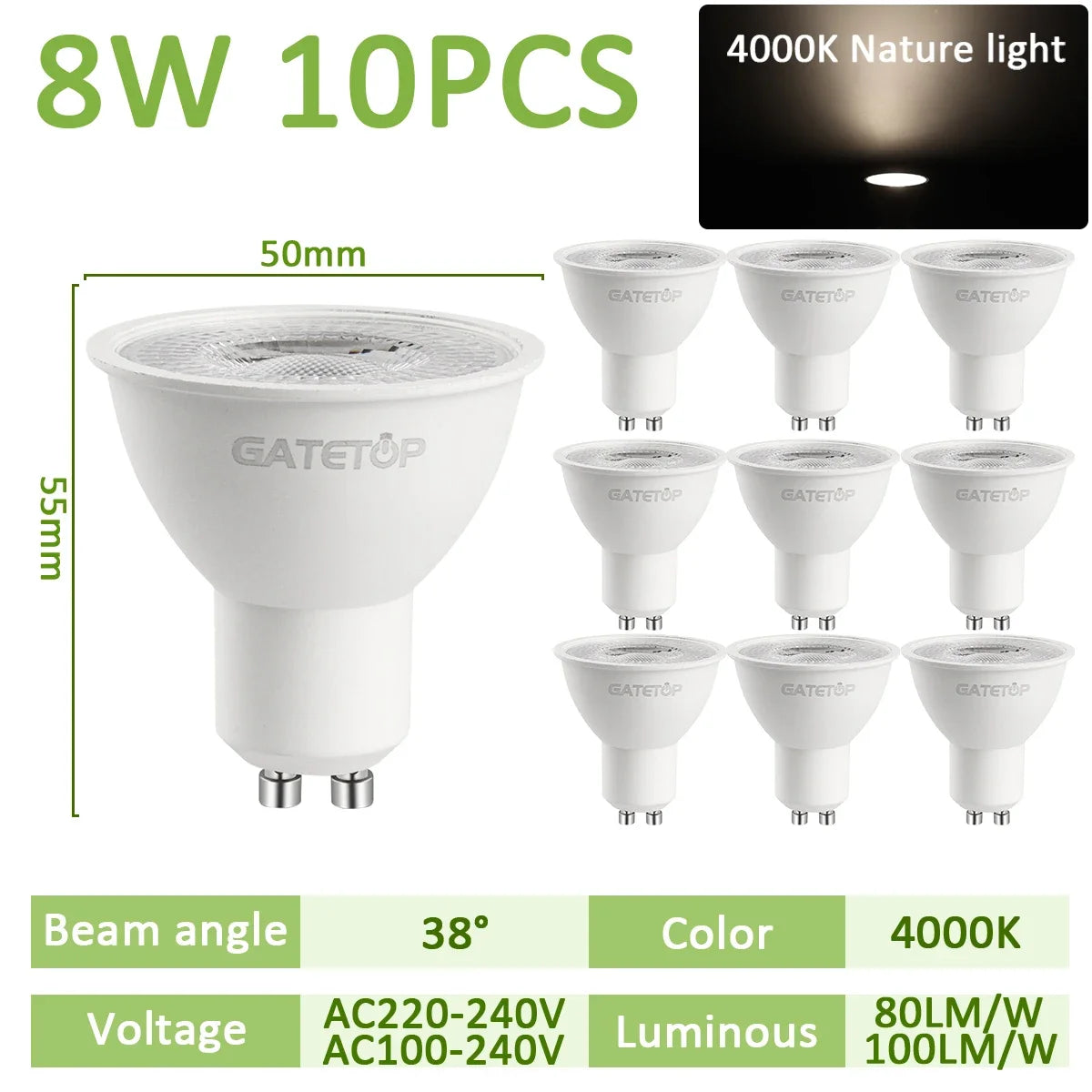 10PCS LED Spotlight Bulb GU10 AC220V 110V 8W 120/38 Degree Beam Angle High Lumen Indoor LED Energy Saving Lights Bulb