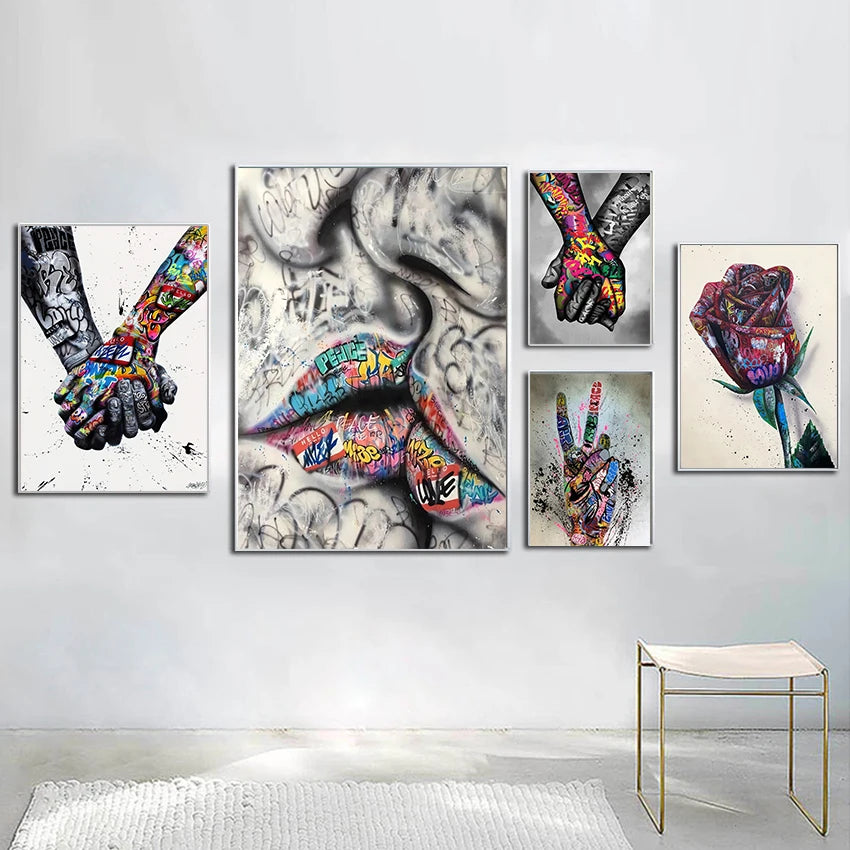Graffiti Wall Art Home Decoration Painting Street Hand Gestures Love Kiss Modern Poster Print Pictures Abstract Pop Room Mural