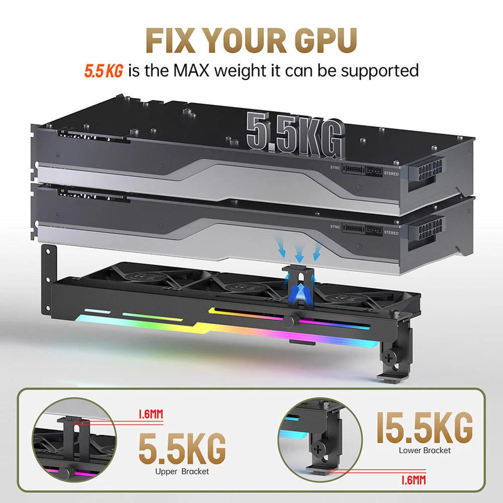 GCC-PRO Graphics Card Radiator Holder PC Cooling Fan 5V 3Pin ARGB Horizontal GPU Video Card Stand 1800RPM Cooling Fan for PC