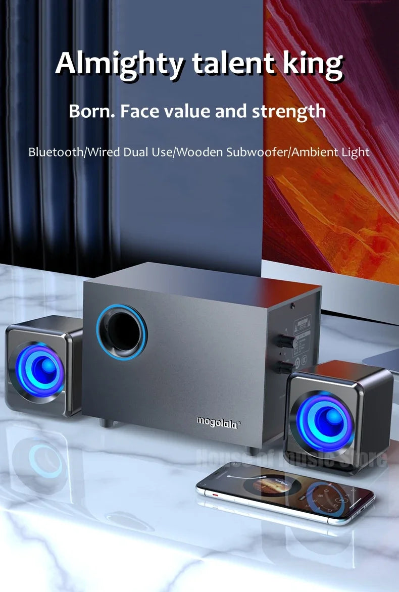 USB Wired Bluetooth Computer Speaker Home 2.1 Channel Wooden Desktop Subwoofer Active Audio 3D Surround Sound Bass Game Speakers