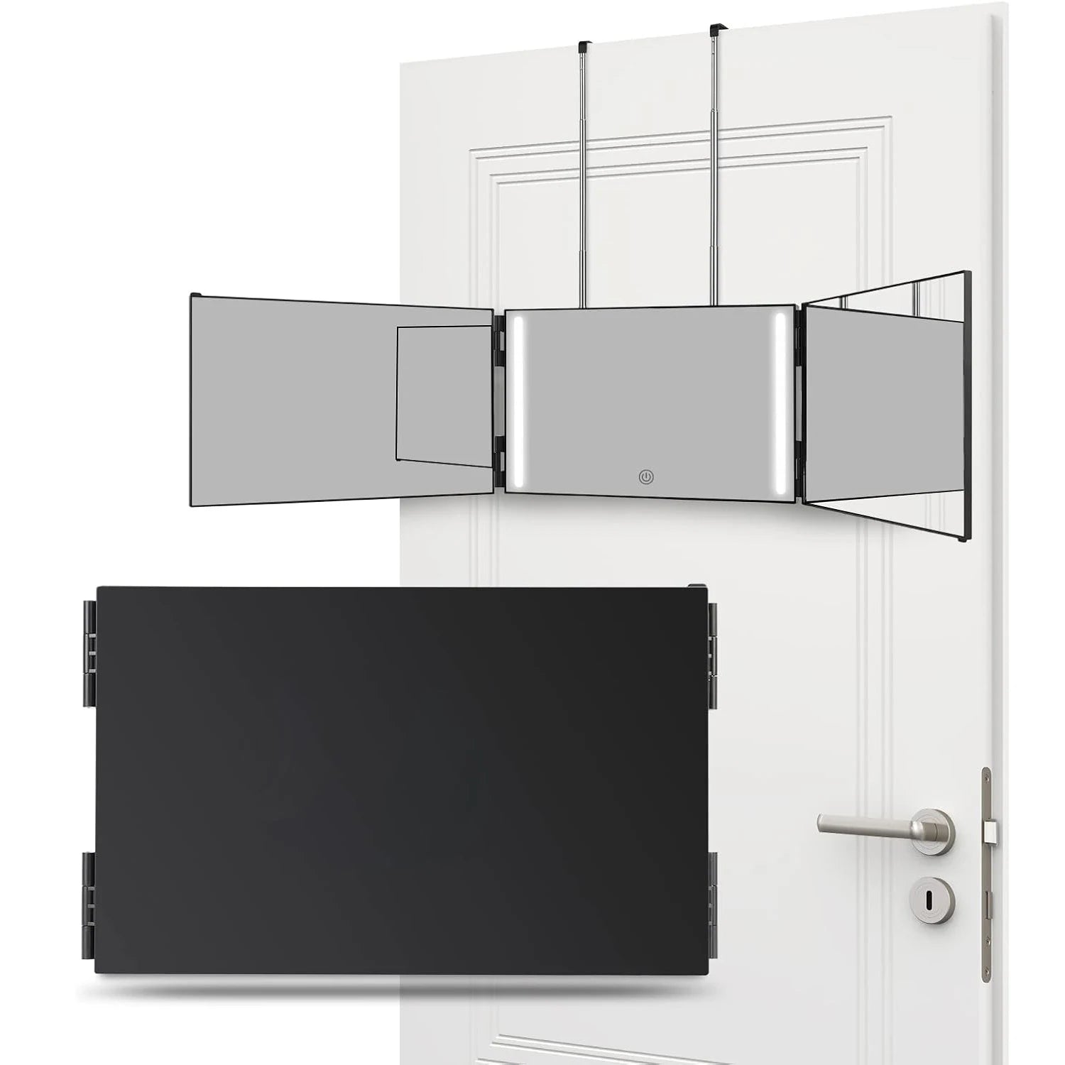 LED Lights 3 Way Mirror for Self Hair Cutting Rechargeable 360° Mirror with Self Haircut Mirror with Height Adjustable Hooks