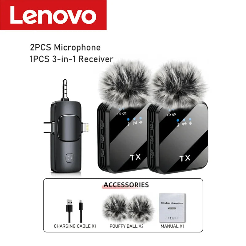 Lenovo Wireless Lavalier Microphone for iPhone Android Microphone Reverb Sound Video Recording Podcast Noise Reduction Clip mic