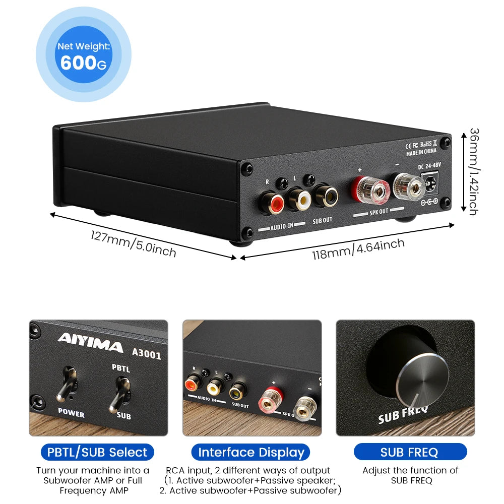 AIYIMA Audio A3001 TPA3255 300W Subwoofer Amplifier HIFI Mono Power Class D Digital AMP for Passive Speaker Home Theater DIY