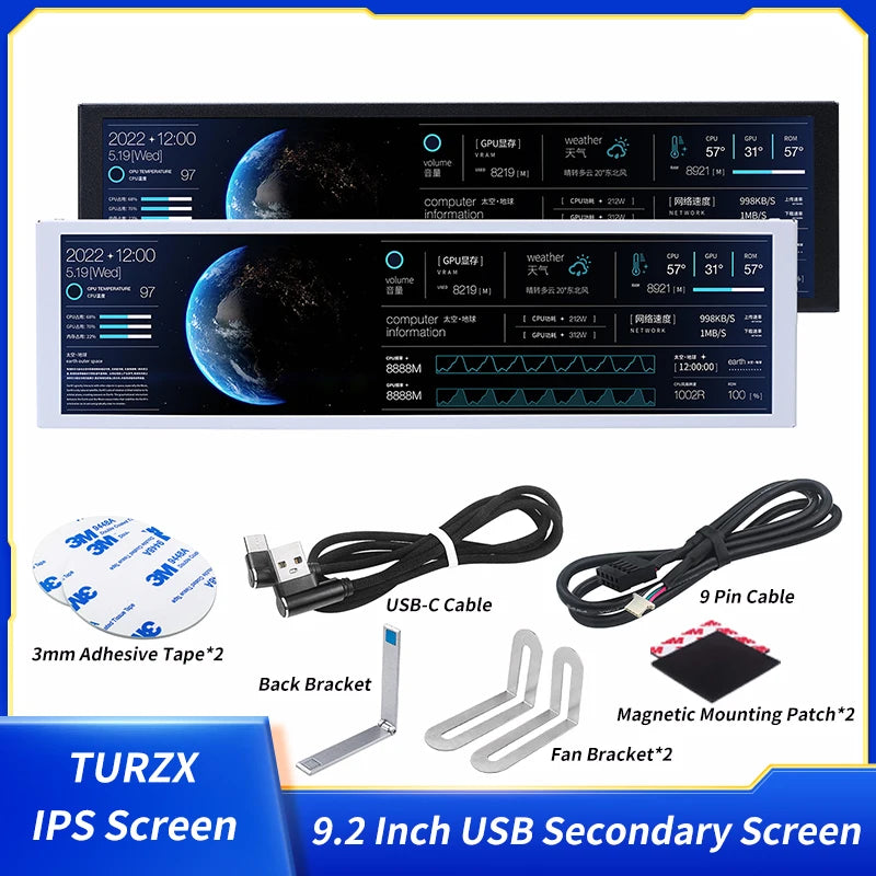 TURZX 9.2 Inch USB Secondary Screen 1920*462 IPS Smart Screen LCD CPU RAM HDD Weather Monitor Display No AIDA64
