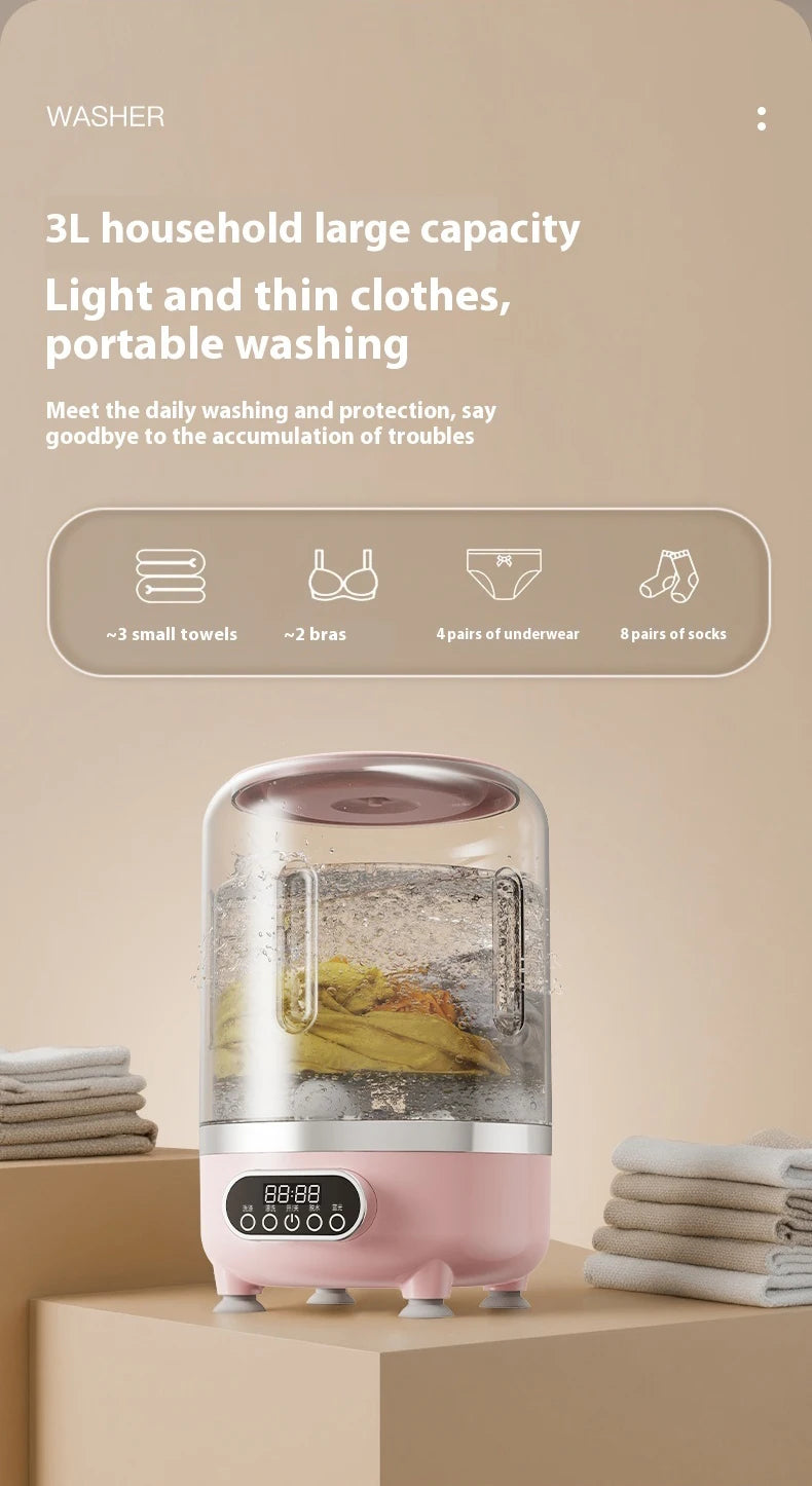 Mini turbo washing machine 3L fully automatic small USB charging portable sock and underwear specific washing machine.