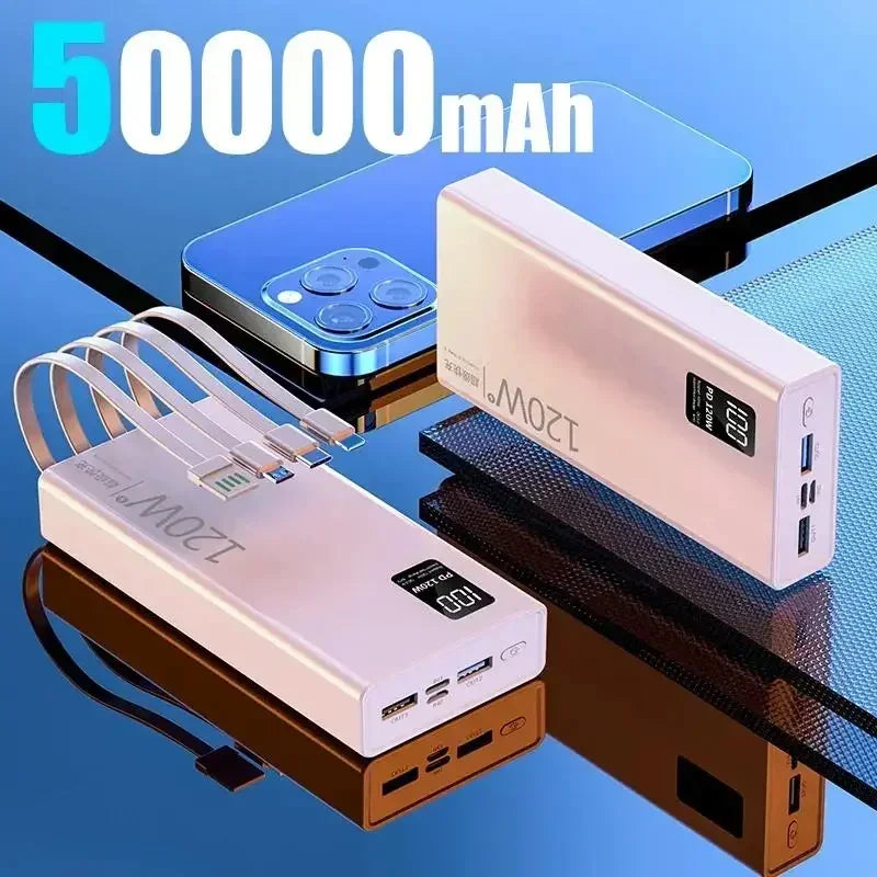 Lenovo 120W 50000mAh High Capacity Power Bank 4 in 1 Cables Fast Charging Power Bank Portable Charger for iPhone Samsung