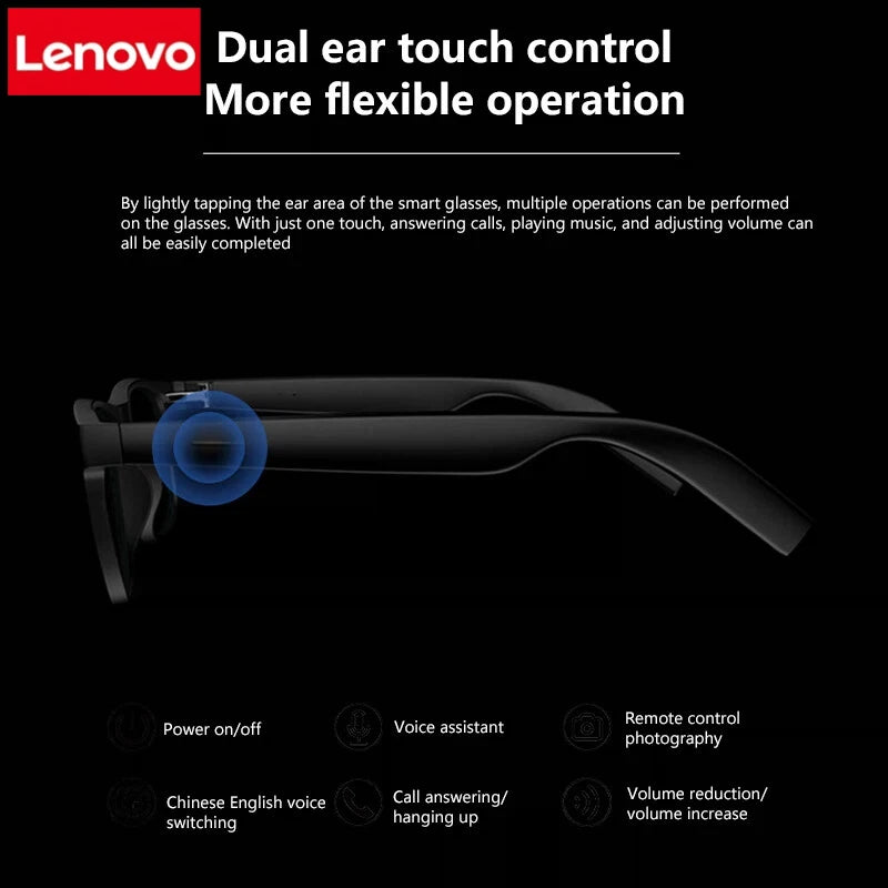 Lenovo AI Smart Glasses Remote Control Touch Photography Voice Assistant Wireless Bluetooth Call Headphone For Men Women Gifts