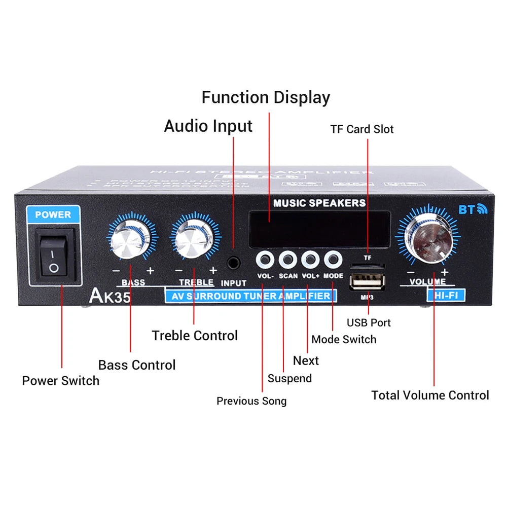 ak35 800W Digital Amplifiers 100-240V /12V Bass Audio Power Bluetooth AMP Hifi FM Subwoofer Speakers Car Boat Caravan