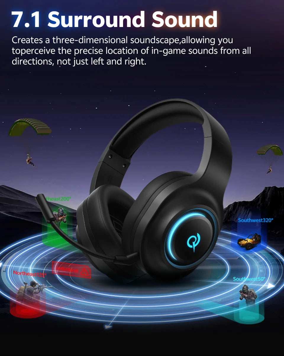QCY Heroad V200 Gaming Headset Bluetooth 6.0 with Mic 50mm Driver 7.1 Surround Sound RGB Over Ear Headphones for PC Laptop PS4/5