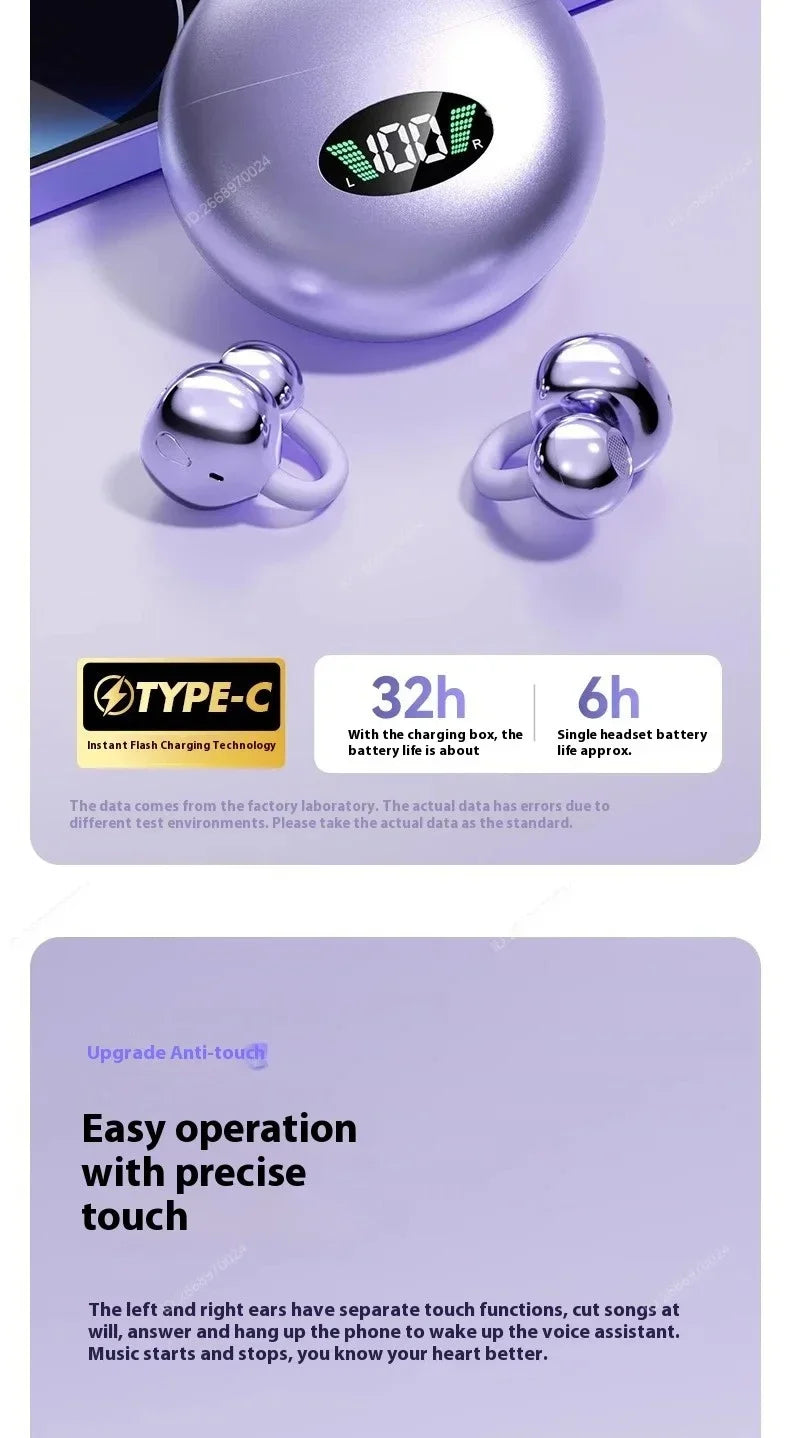 Premium Clip-on Earphones Wireless Bluetooth Earbuds Sound Quality Long Battery Life Perfect for Sports Headphones With Micphone