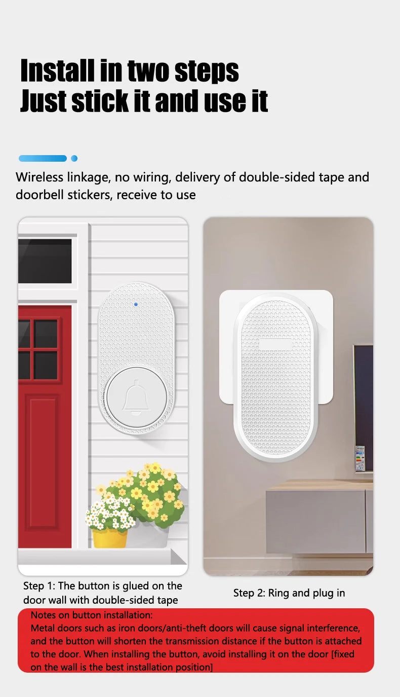 Smart Welcome Doorbell Wireless Door Bell Chime Guests Button 32 Songs Home Alarm Reminder Receiver Black Fashion