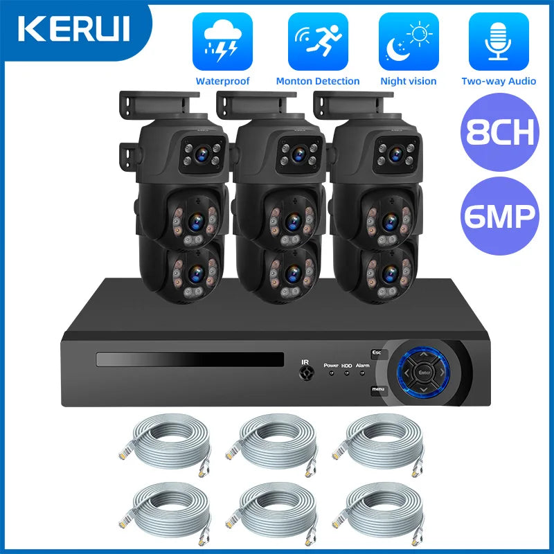 KERUI Waterproof 6MP HD POE Surveillance Camera System Dual Lens PTZ WIFI IP Home Security 4CH 8CH POE NVR Video H.265 CCTV Kit