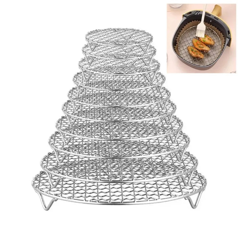 Round Air Fryer Rack Stackable Stainless Steel Grid Grill BBQ Net with Foot Cooling Rack Steam Baking Rack For Home Kitchen