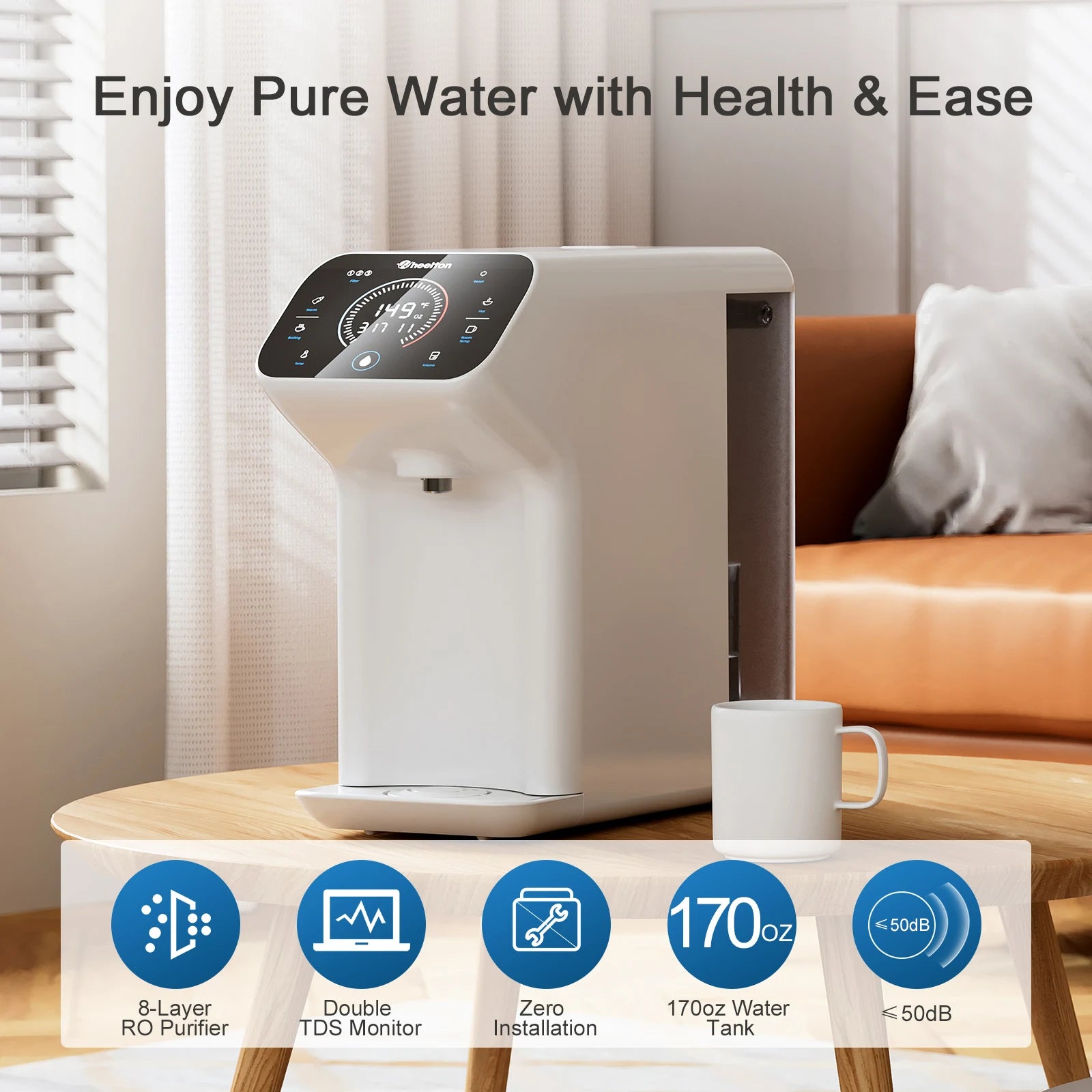 110V Reverse Osmosis Water Filter 1 Set Countertop RO  8-Layer Smart White Water Purifier TDS Monitor Scale Chlorine Prevent