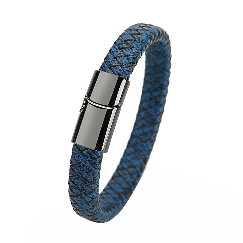 Mibrow Braided Black Leather Men Bracelet 10x5 12x6mm Size Fashion Metal Magnetic Clasp Wrap Bracelets Punk Charm Men Jewelry