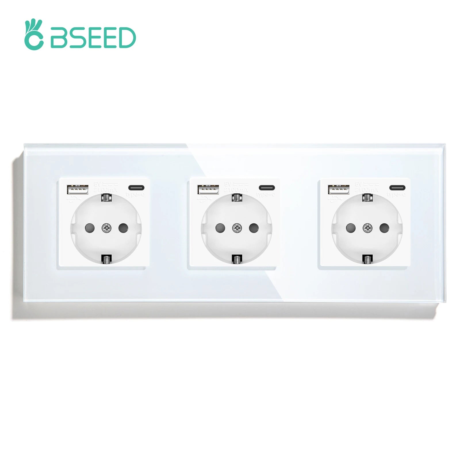 BSEED Touch Light Switch With EU Power Wall Sockets White Wall Led Switches 1/2/3Gang 1Way Crystal Glass Panel Dark Backlight
