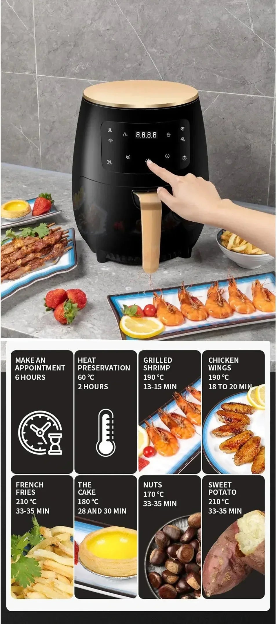 6L Air Fryer Multi-functional Intelligent Touch Screen Oven Large Capacity Electro Mechanical  Deep Fryer for Home  Airfryer